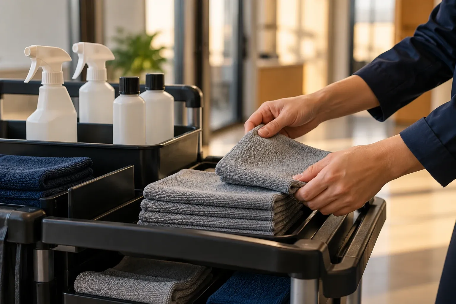 Hands folding a microfiber cloth beside an organized supply cart