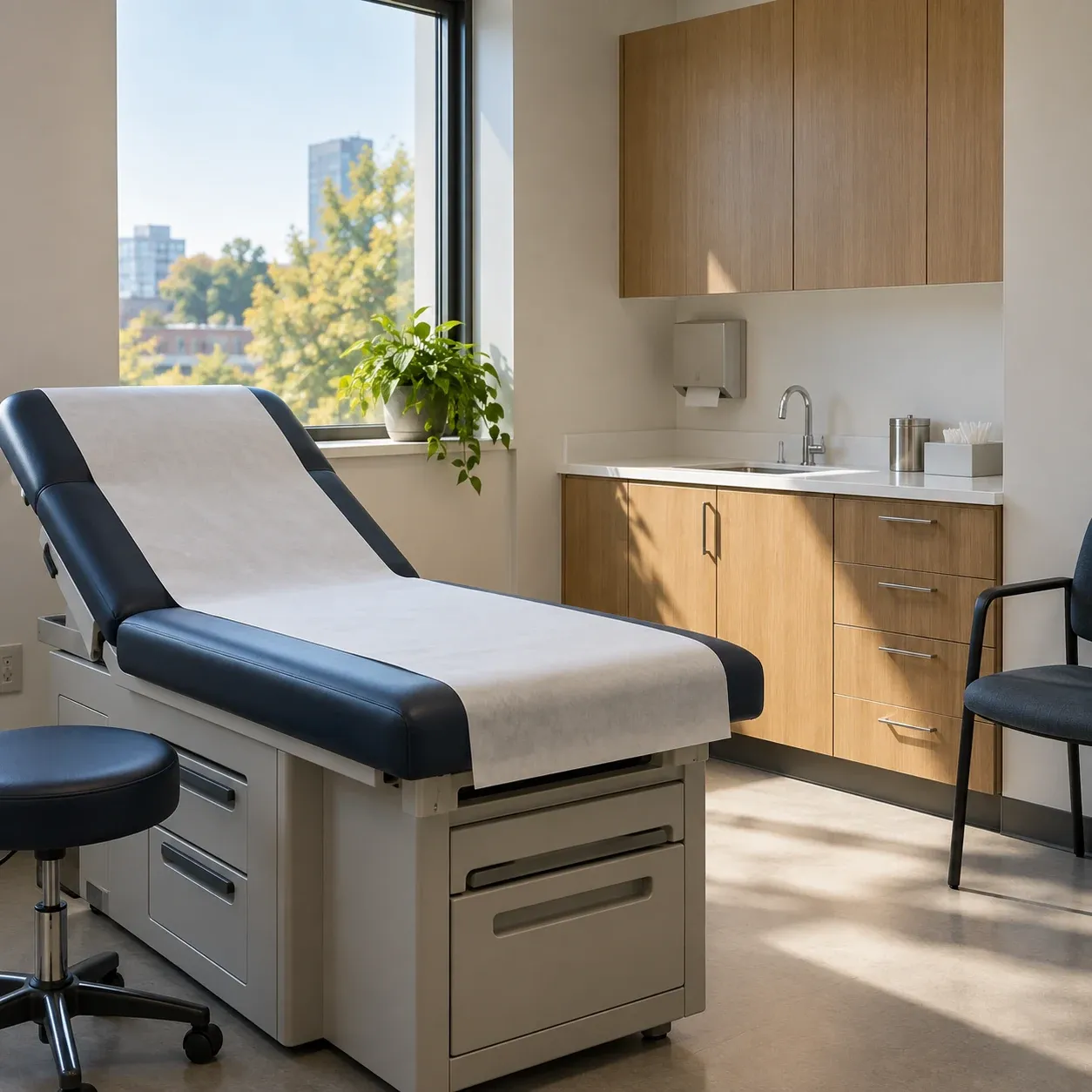 Clean exam room with fresh paper on the exam table