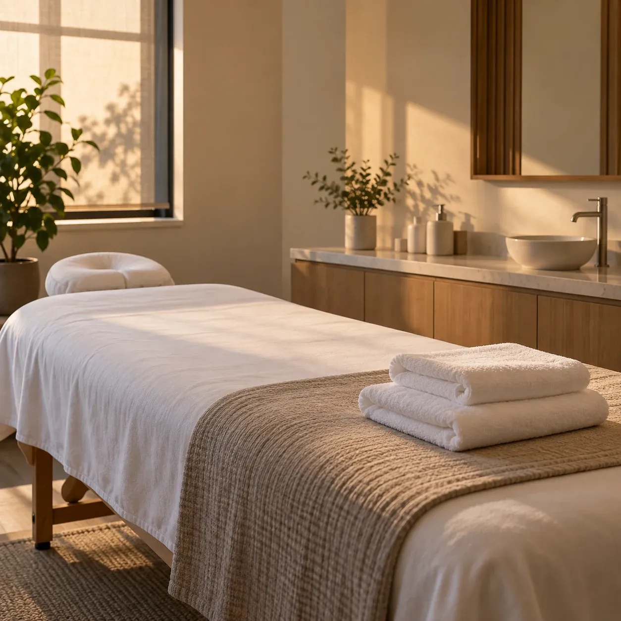 Spa treatment bed with neatly folded towels