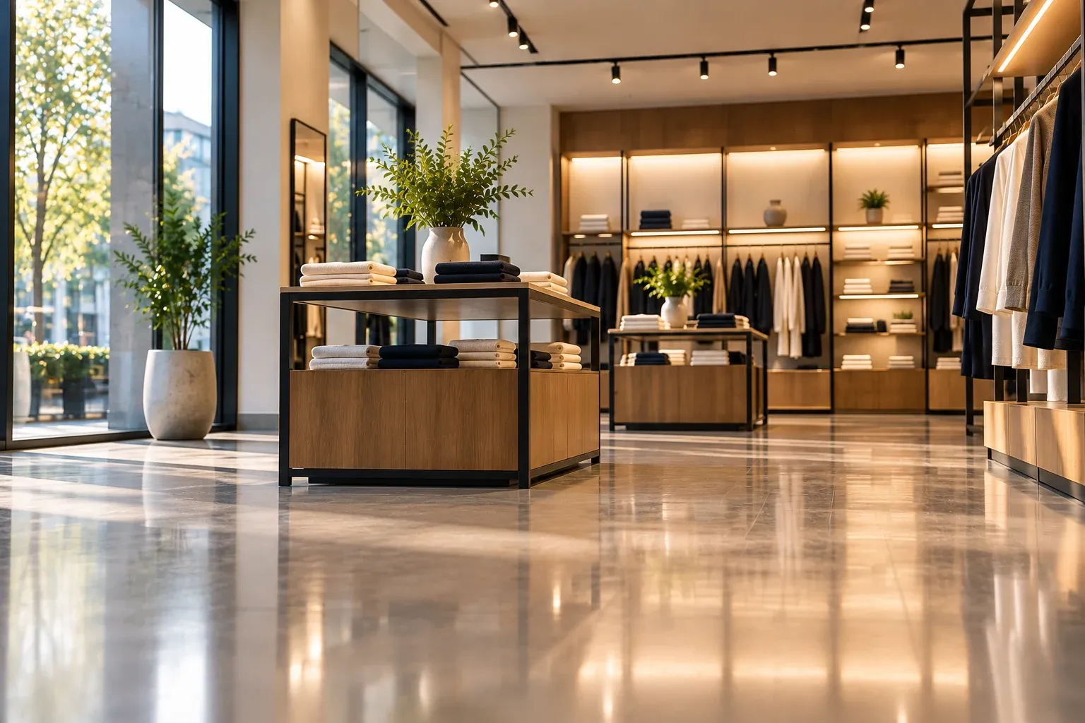 Empty showroom with a polished floor and the lights on