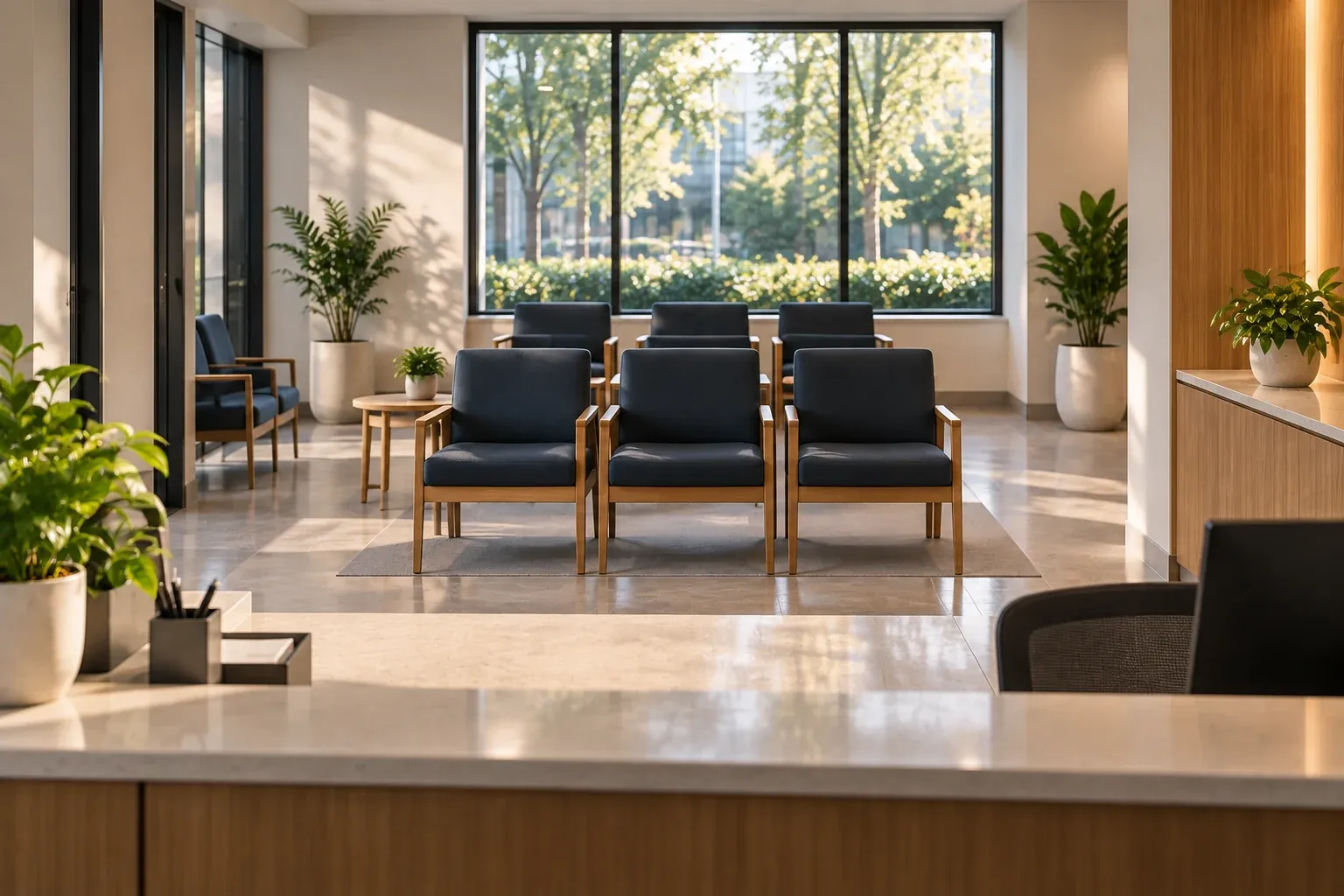 Clinic waiting room seen from behind a clear reception counter, in soft daylight