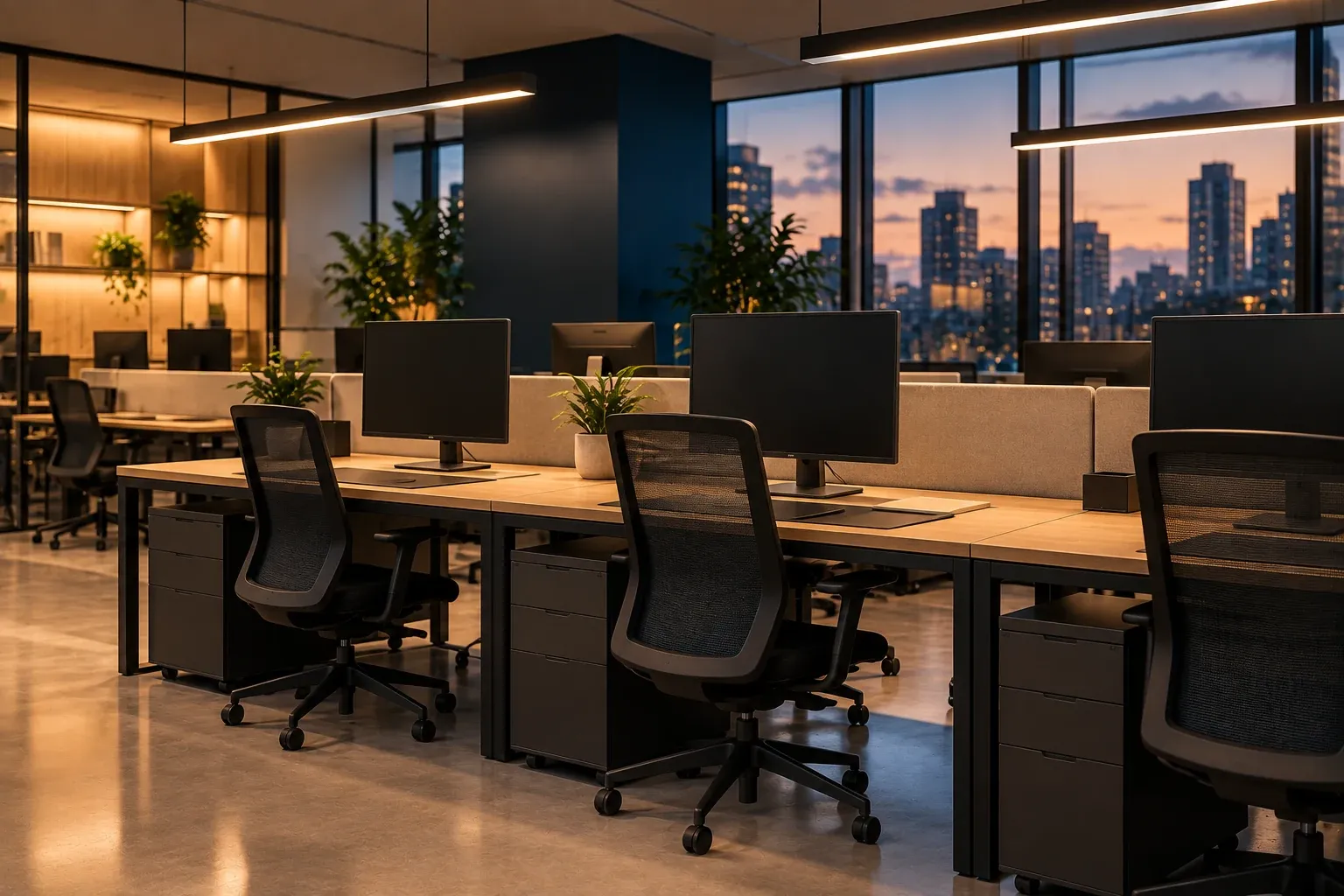 Row of clear desks with monitors off and chairs pushed in, at dusk