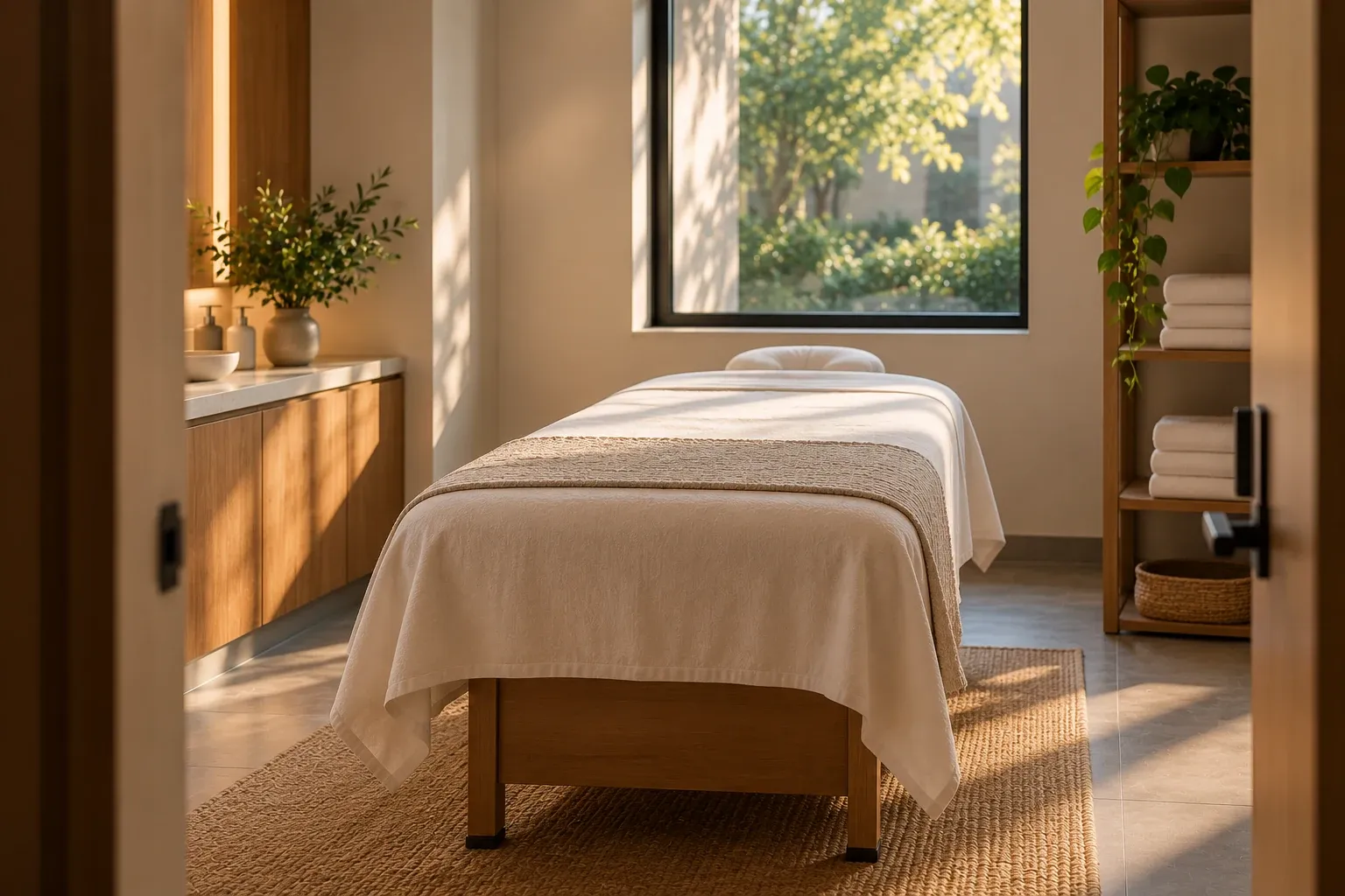 Spa treatment room seen from the doorway, bed made and towels folded