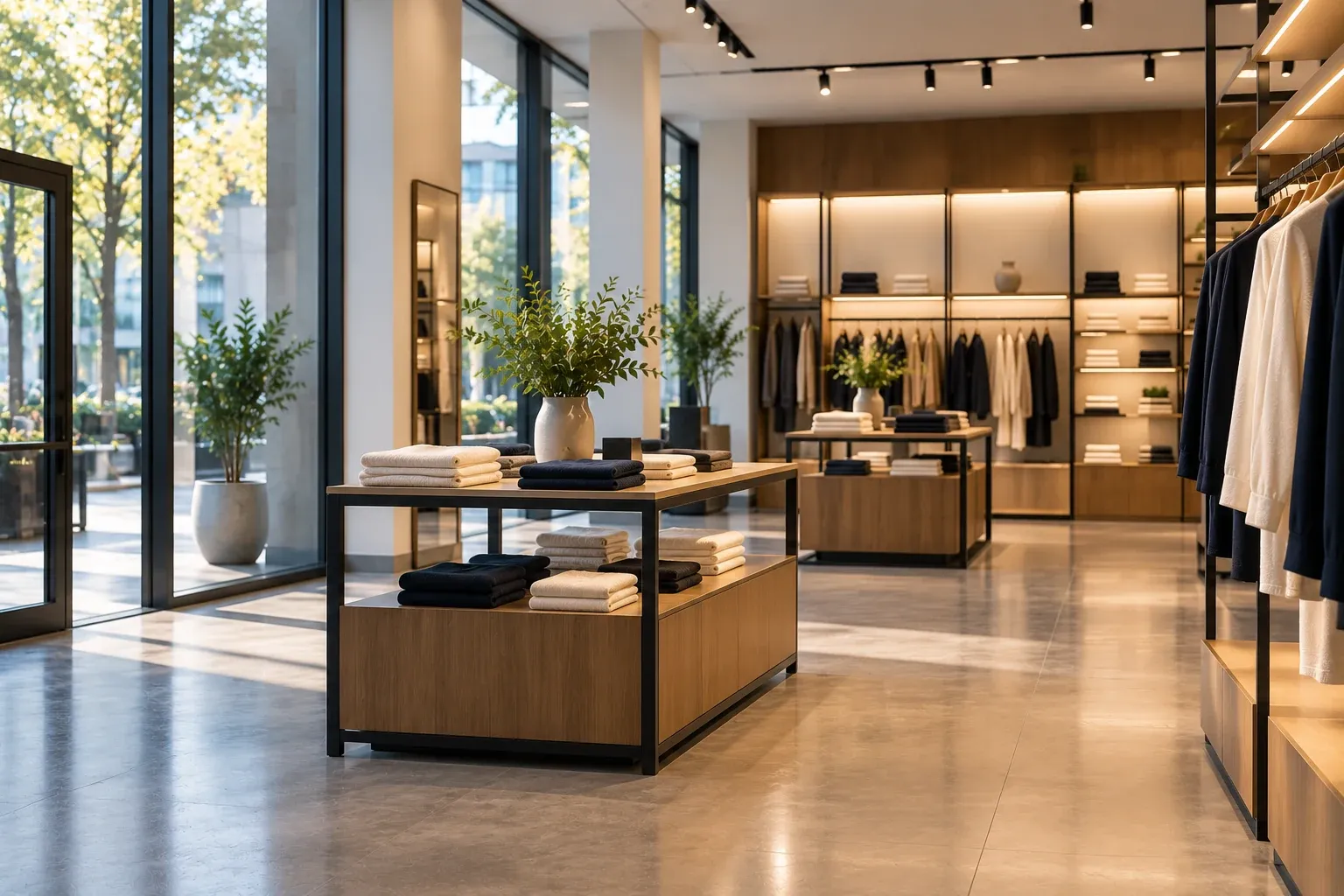 Empty retail showroom at opening time with the lights on