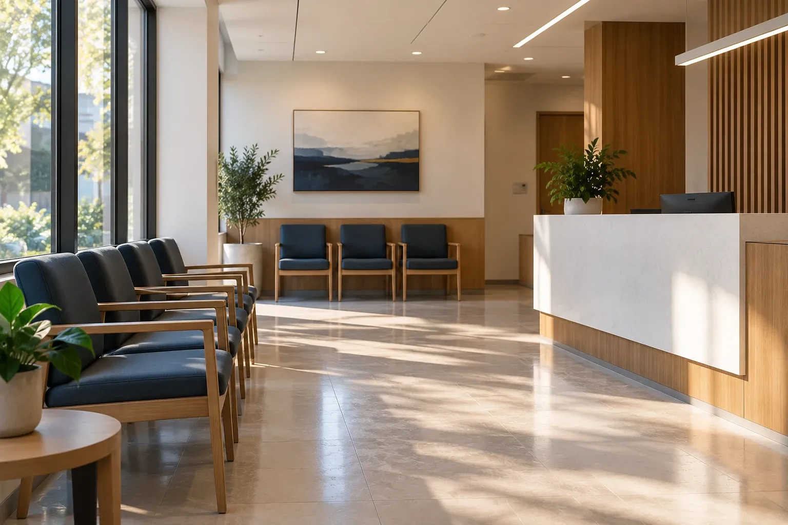 Empty clinic waiting room with aligned chairs and a clear reception counter