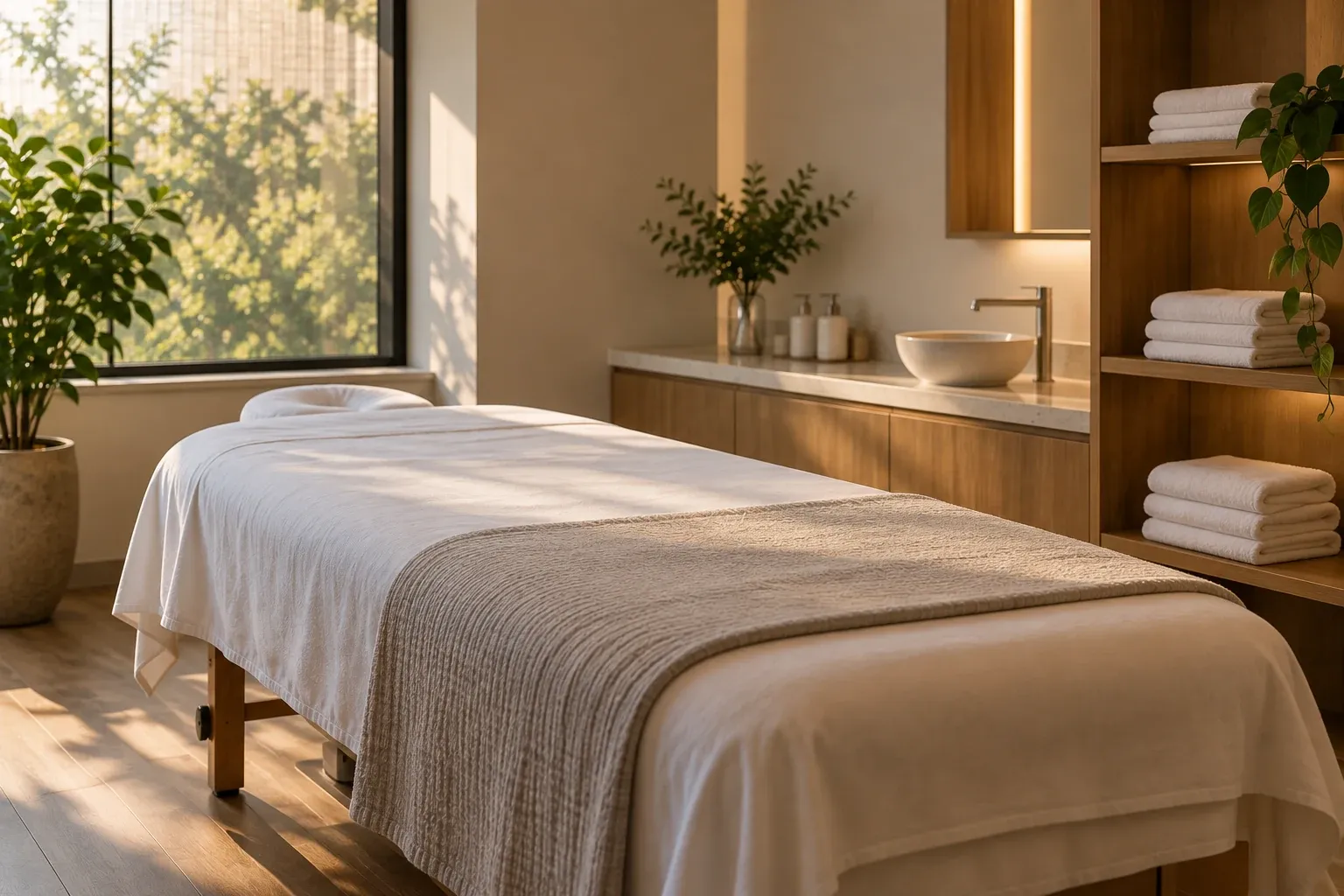 Spa treatment room with the bed made and towels folded, in warm light